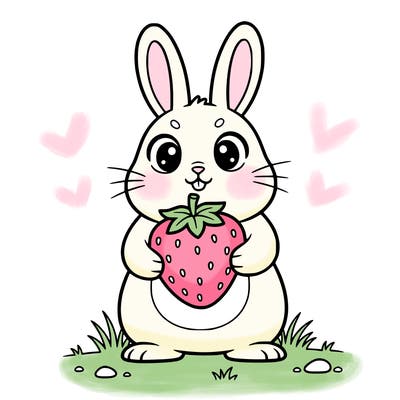 cute simplistic bunny holding a strawberry