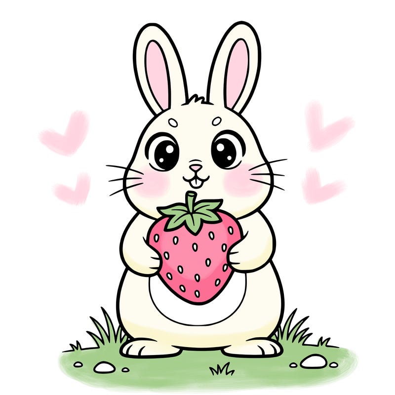 cute simplistic bunny holding a strawberry