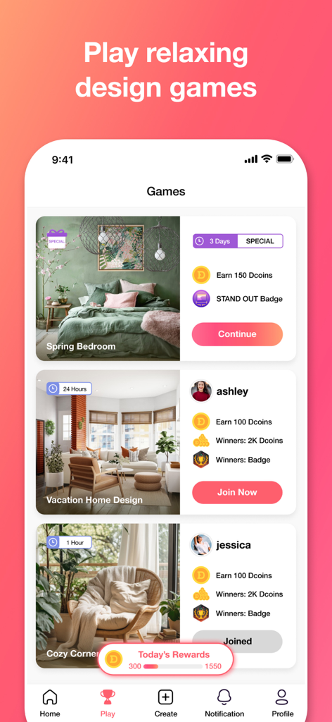 Interfaz de la aplicación Decor Matters que muestra varios juegos de diseño de interiores y recompensas.