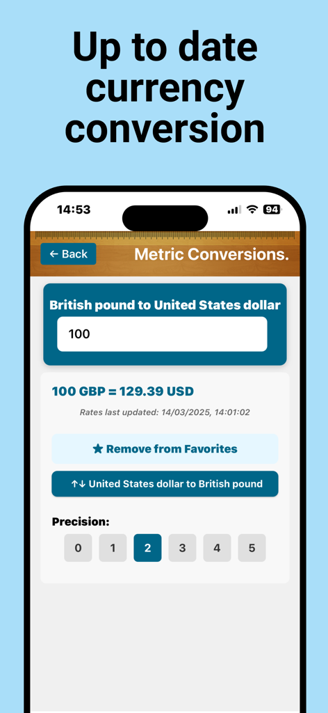 Metric conversion app interface showing currency exchange from British pound to US dollar with decimal precision options