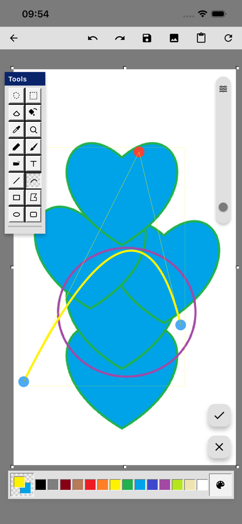 Ms Paint - 파란색 하트와 클래식 디지털 아트 도구가 그려진 MS Paint 모바일 앱 인터페이스