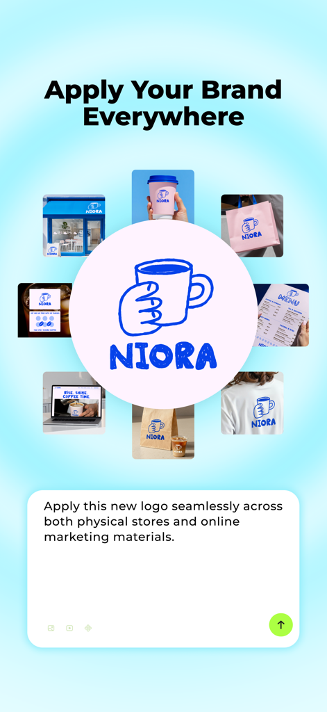 X-Design - Al Branding Agent - A coffee brand logo called NIORA applied to various mockups like coffee cups storefronts and t-shirts to demonstrate visual branding consistency