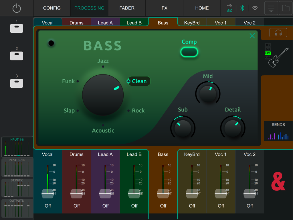 CQ MixPad iPad app interface showing professional audio processing controls for bass including EQ and faders