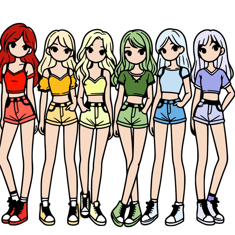 a group of girls wearing crop tops and shorts