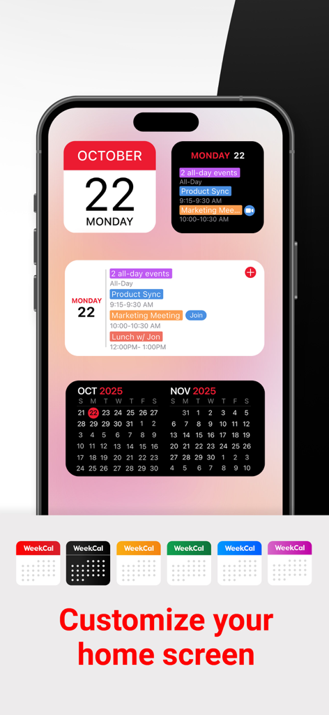 iPhone-Display mit anpassbaren Week Calendar-Widgets und Symbolen für den Startbildschirm