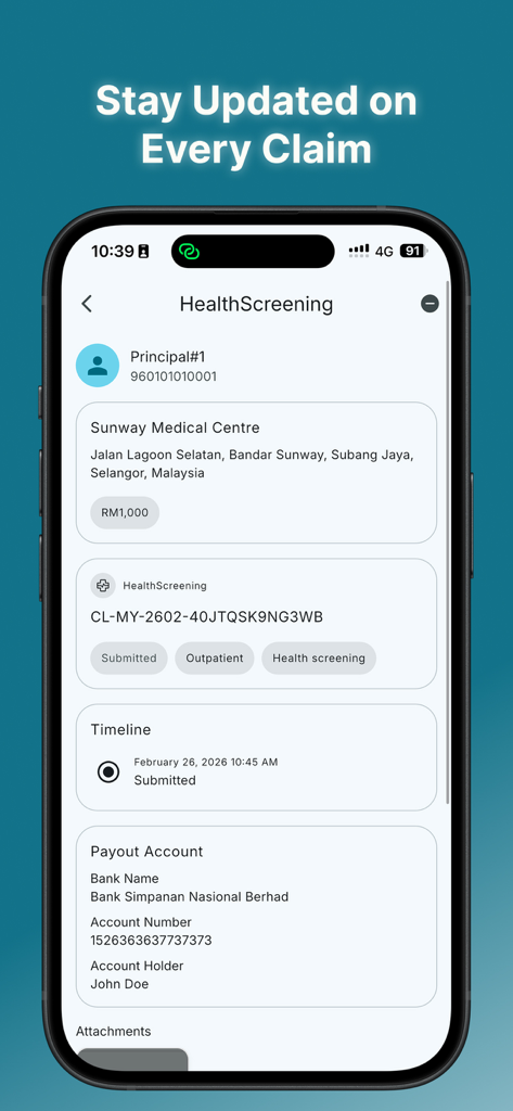 HealthMetrics Global - A mobile screen showing the HealthMetrics Global app claim status page for a health screening with a timeline and payout account details