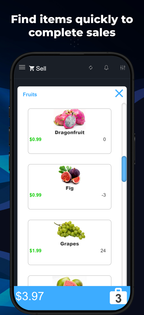 M&M POS - Payments For Stripe - Mobile POS interface displaying fruit items with prices and checkout total