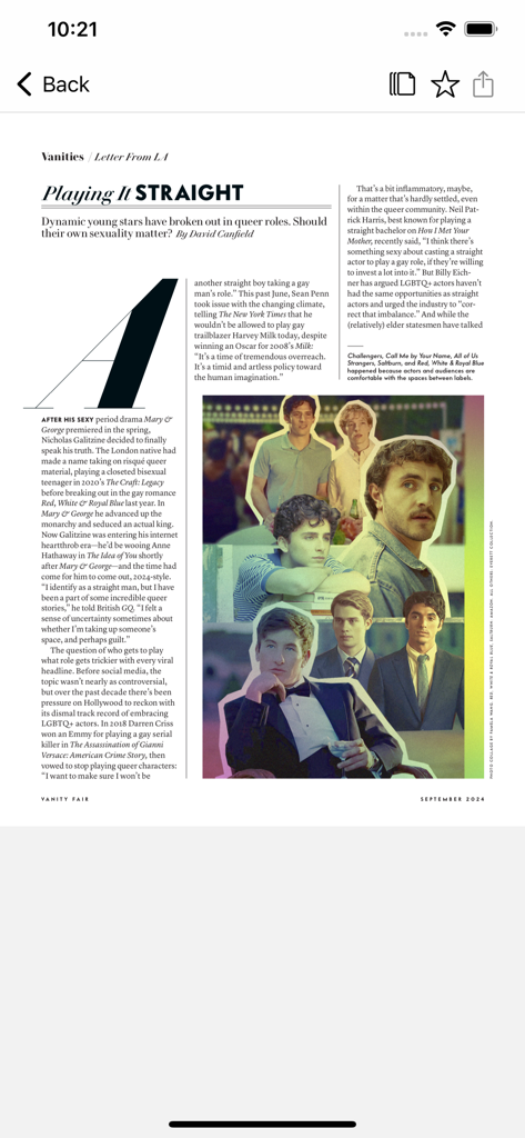 Vanity Fair Digital Edition - 俳優のコラージュをフィーチャーした「Playing It Straight」と題されたヴァニティ・フェアアプリのデジタルマガジン記事。