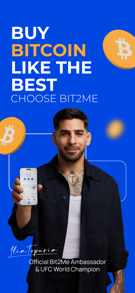 Campione del Mondo UFC Ilia Topuria che tiene uno smartphone che mostra l'interfaccia dell'app di criptovalute Bit2Me