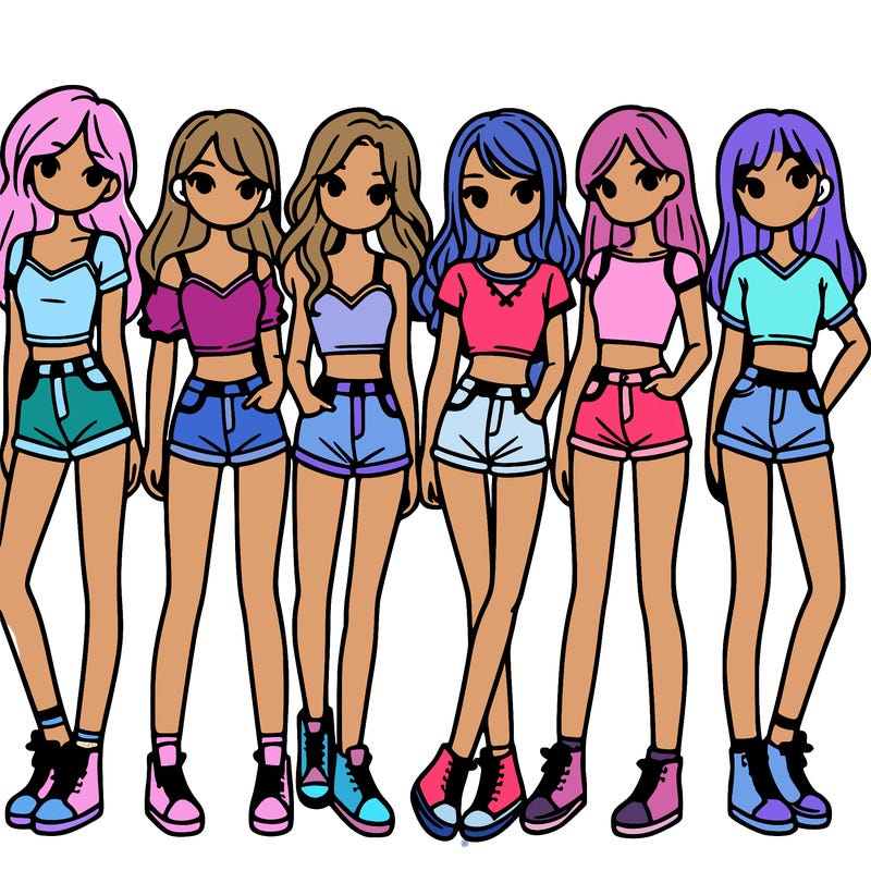 a group of girls wearing crop tops and shorts