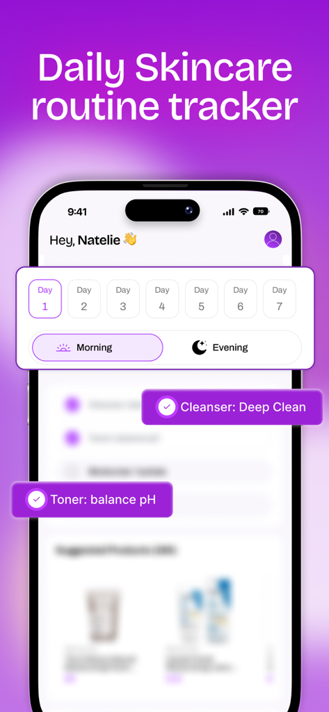 Glow Up & Skin Care AI: MAXX - A mobile interface for a daily skincare routine tracker with morning and evening steps