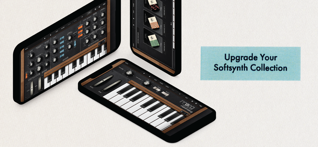 Minimoog Model D Synthesizer - Minimoog Model D synthesizer app interface displayed on multiple mobile screens
