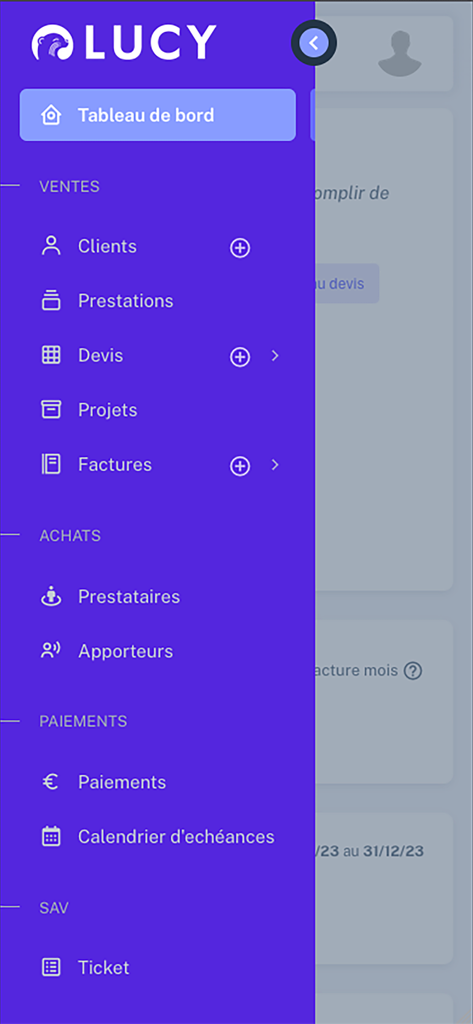 CRM Lucy - Side navigation menu of the CRM Lucy app showing options for invoicing client management and project tracking