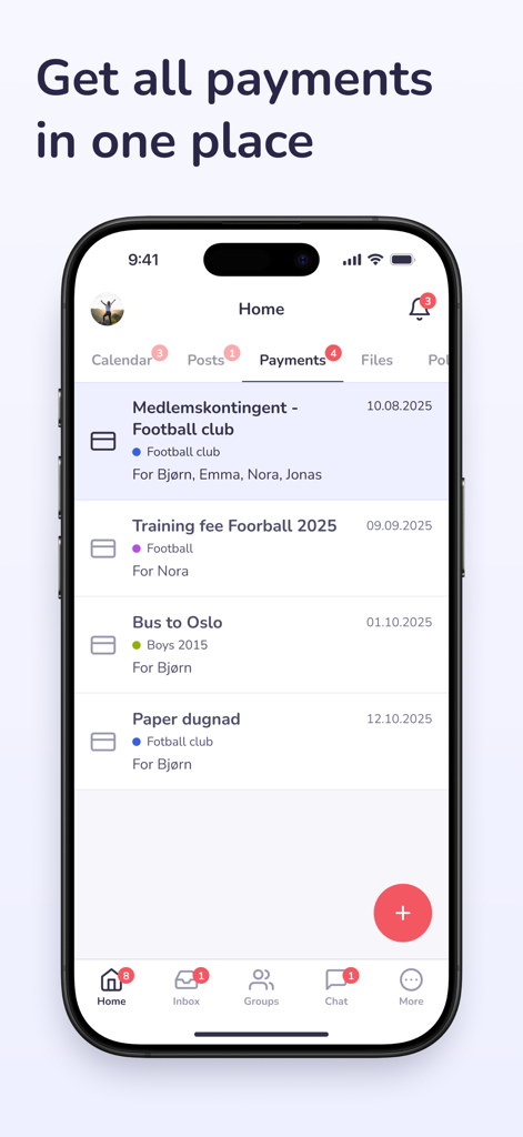 Hoopit app interface displaying a centralized payment list for sports club fees and training expenses