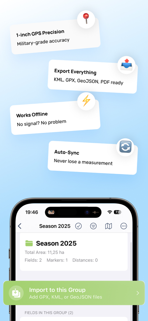 Land Field Area Measure GPS - Características de la aplicación LandLens que incluyen GPS de alta precisión y opciones de exportación de datos