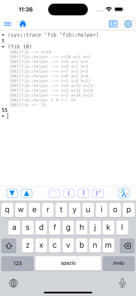 The My Lisp app interface on iPhone showing a trace of a Fibonacci function in the REPL.