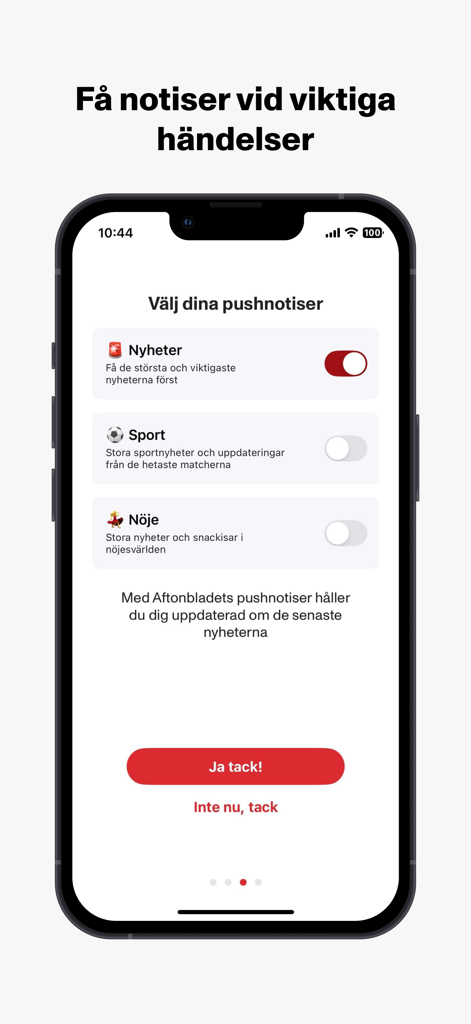 Interfaccia dell'app mobile Aftonbladet Nyheter che mostra le impostazioni delle notifiche push per notizie, sport e intrattenimento