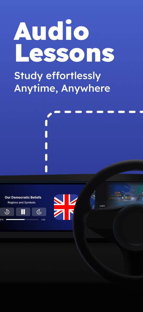 Audio lessons for the Life in the UK Test 2026 app displayed on a car screen