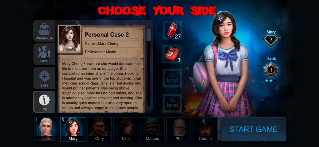 Character profile of Mary Cheng the Medic in the Horrorfield Multiplayer Horror game menu