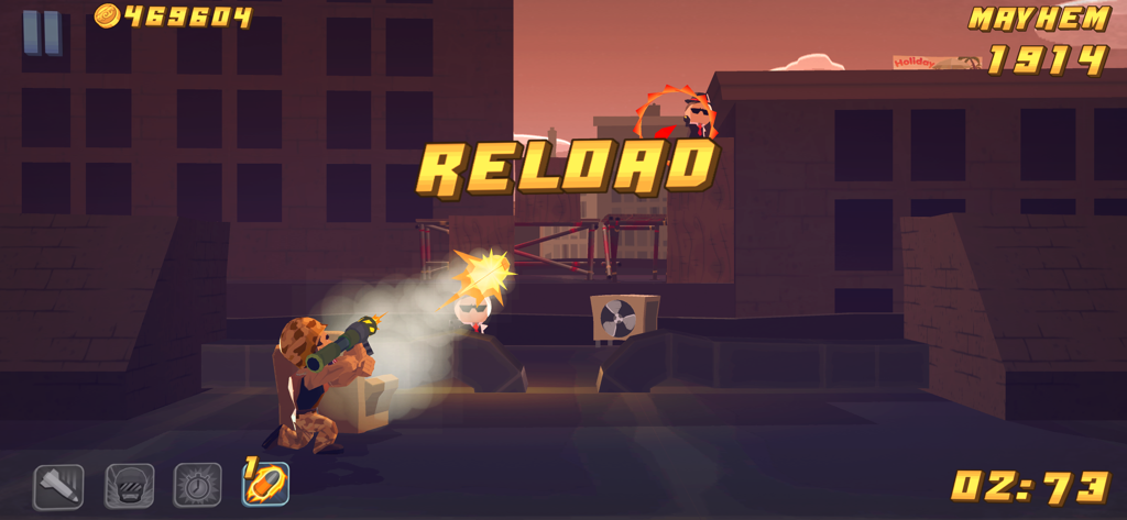 Major Mayhem - Personaje de Major Mayhem disparando un lanzacohetes en un entorno urbano.