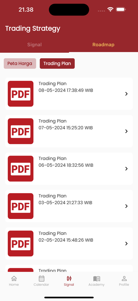 Orbi Trade App - List of downloadable trading plan PDF documents in the Orbi Trade app trading strategy section