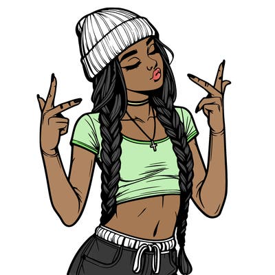 realistic teenage girl with braids and a beanie and crop top doing 🫶🏼