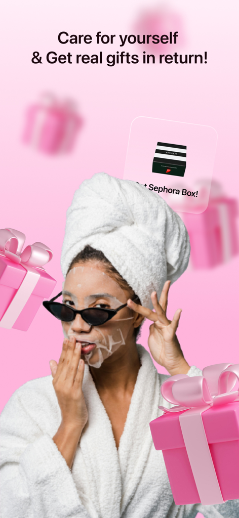 Solvi: Skincare Club - A woman wearing a face mask and bathrobe surrounded by pink gift boxes and a Sephora reward notification.