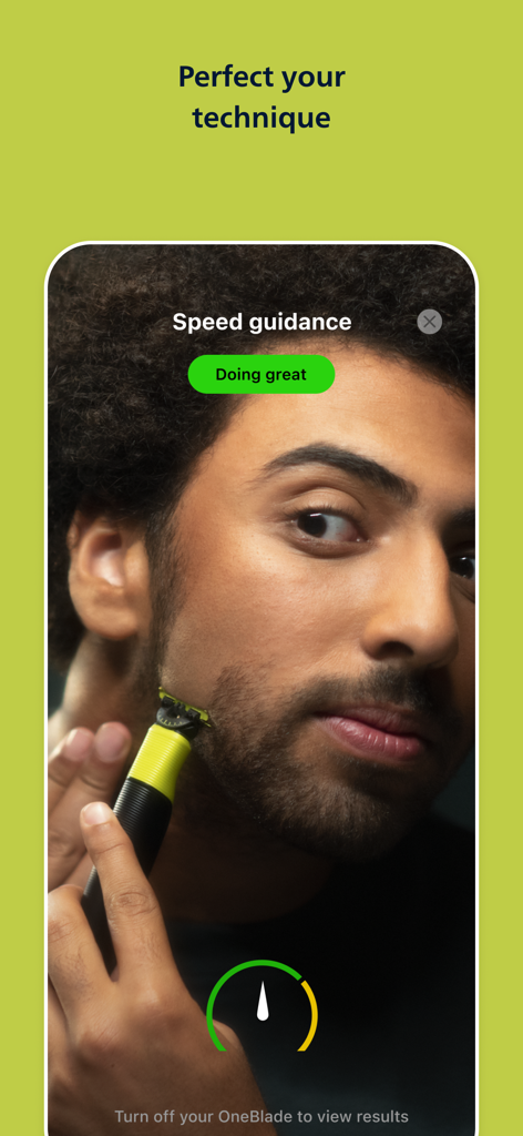 Philips OneBlade (Daily Care) - Interface showing real-time speed guidance for beard trimming in the Philips OneBlade app