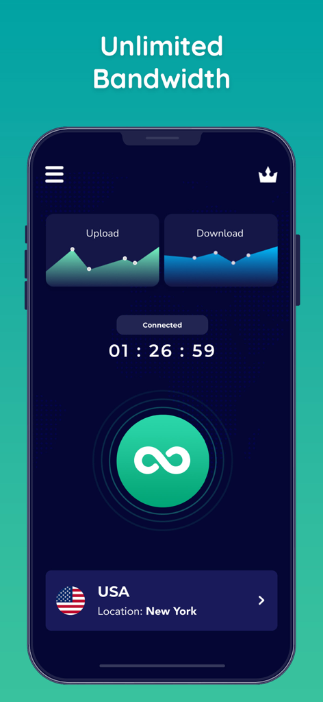 Interface do aplicativo móvel Von VPN mostrando largura de banda ilimitada com gráficos de velocidade de upload e download