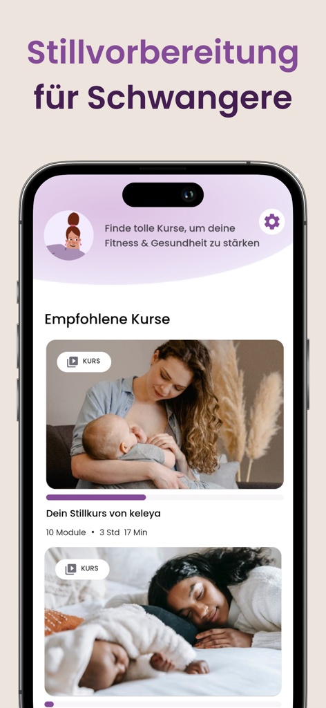 Mama: Stillen Rückbildung - Smartphone screen showing a breastfeeding preparation course for pregnant women within the Keleya Mama app in German