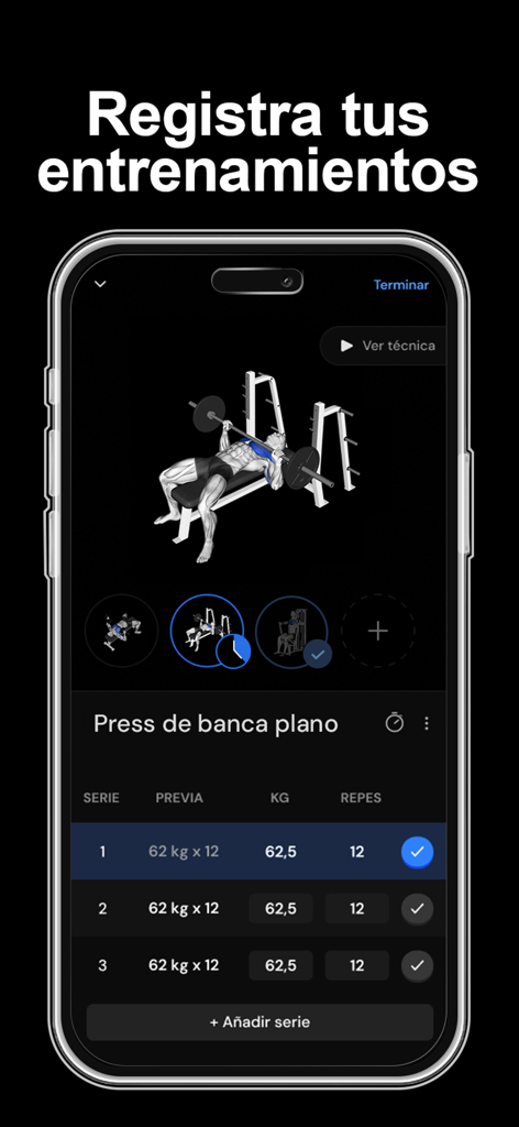 Symmetry: Rutinas Gimnasio Pro - Interfaz del registro de entrenamiento de la aplicación de fitness Symmetry para registrar series de press de banca con visualización muscular anatómica y datos de sobrecarga progresiva.