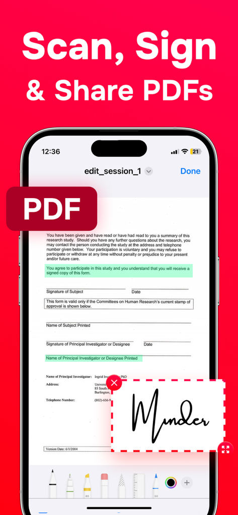 デジタル署名でPDFドキュメントに署名していることを示すモバイルアプリのインターフェイス