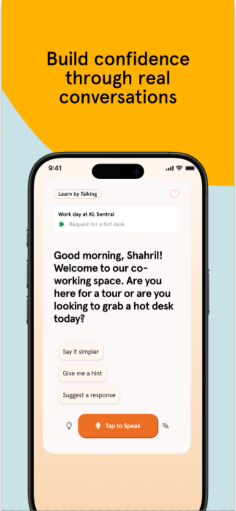 Kelas Sekejap - Smartphone screen of the Kelas Sekejap app showing an AI-driven English speaking exercise set in a workplace environment