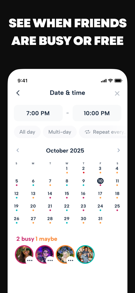 Howbout app interface showing a monthly calendar view with color coded dots indicating when friends are busy or free for scheduling plans.
