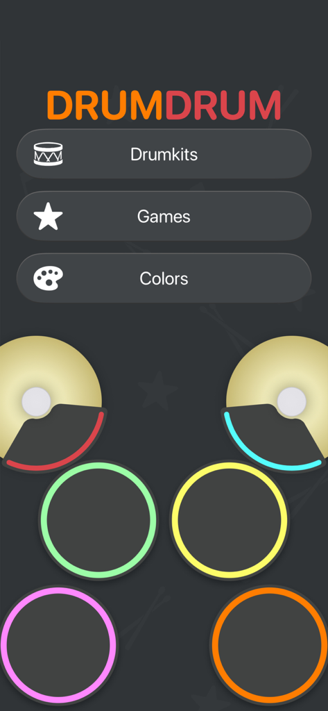 DrumDrum - Drums for kids - Main menu of the DrumDrum app featuring buttons for drumkits games and colors above colorful virtual drum pads