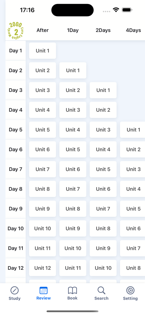 2000 Core English Words (2) - 여러 날에 걸쳐 영어 어휘 단위에 대한 체계적인 복습 일정을 보여주는 그리드