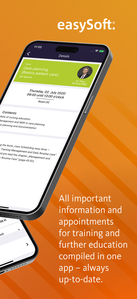 easySoft App Education - Smartphone screen displaying details for a care planning training event including date time and instructor within the easySoft App Education