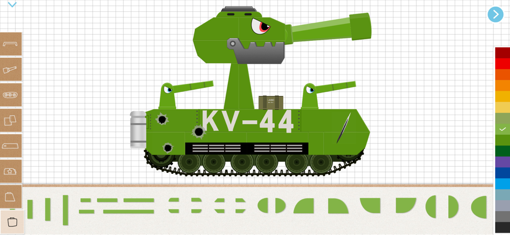 Tanque verde personalizado llamado KV-44 en la interfaz de construcción de Labo Tank con piezas y opciones de color