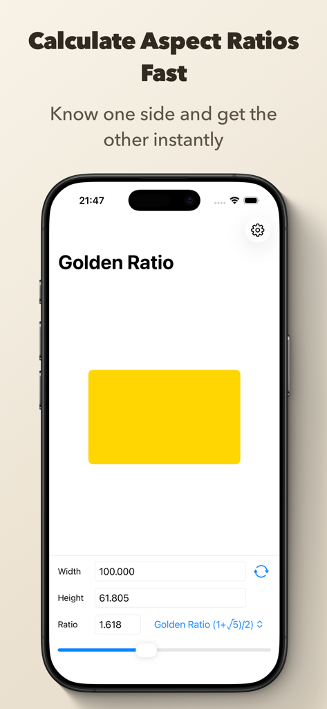 Golden Ratio Calculator++ - Golden Ratio Calculator mobile app interface showing a 1.618 aspect ratio calculation and a yellow preview rectangle.
