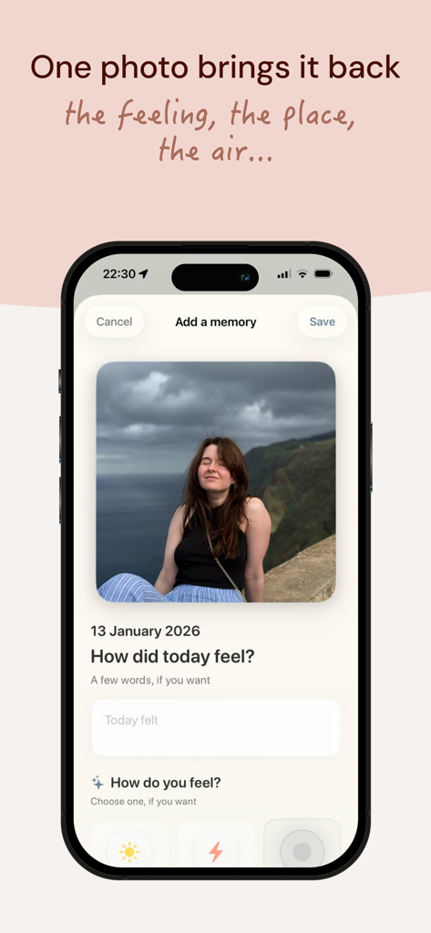 Dear Today: Photo Journal - Añadiendo una foto diaria y una reflexión personal a la interfaz de la aplicación Dear Today photo journal.