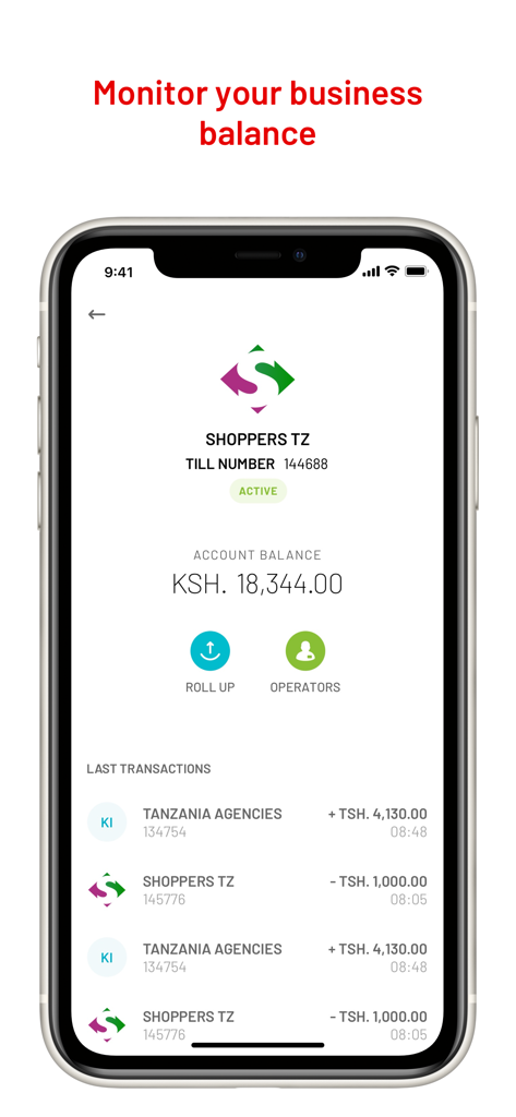 M-Pesa Business Tanzania - A mobile screen for M-Pesa Business Tanzania showing a business account balance and recent transaction history.