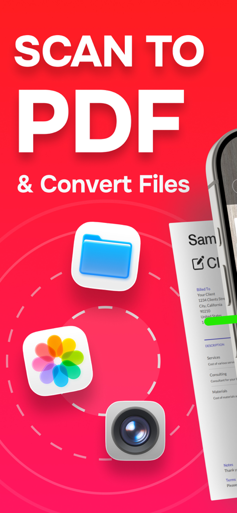 PDF Scanner. Scan Document. - PDFスキャナーアプリのスクリーンショット。カメラとギャラリーのアイコンで、PDFへのスキャンとファイル変換機能が表示されています。