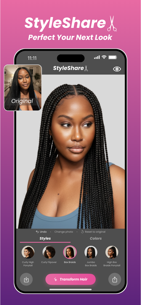 StyleShare app interface showing a realistic AI hair transformation with box braids and style options