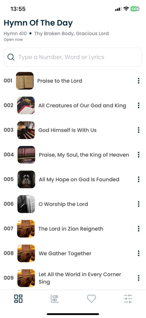 Seventh Day Adventist Hymnal - Interface of the Seventh Day Adventist Hymnal app showing a list of hymns and a search bar