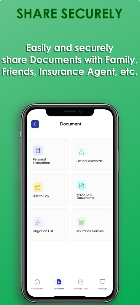 Mobile app screen showing categories for personal instructions passwords bills and insurance policies for secure legacy sharing