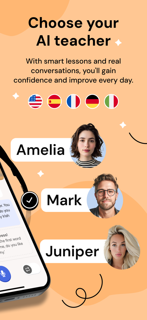 User interface of MakesYouFluent app showing a list of AI teachers and language flags for selection.