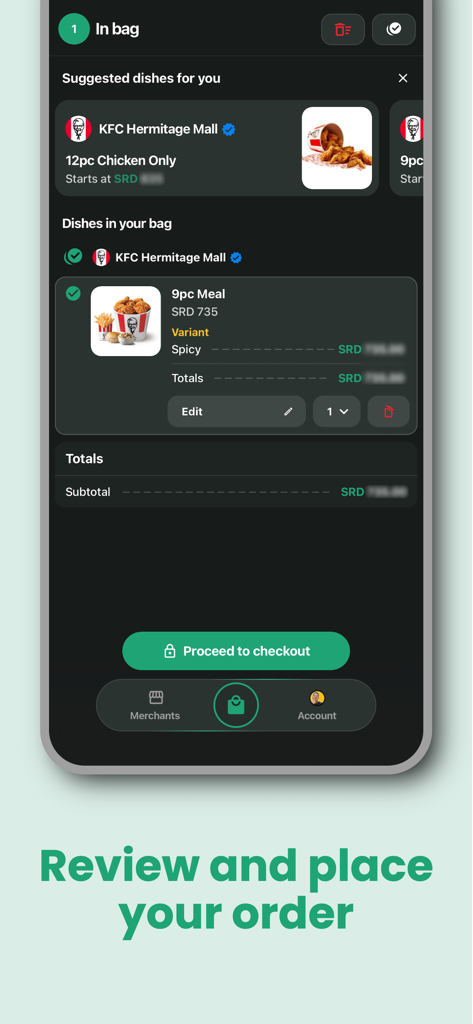 Ride Eats mobile app screen for reviewing items in the shopping bag and proceeding to checkout