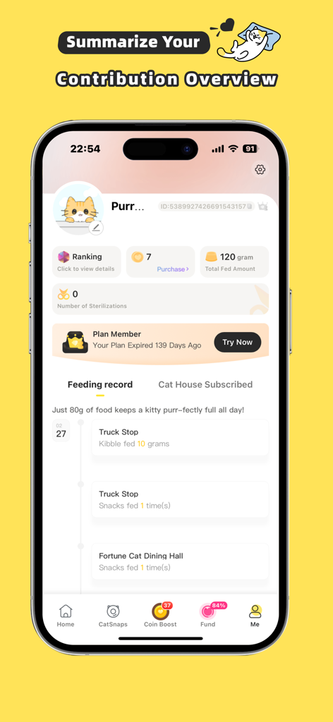 Purrrr-Feed&Rescue Stray Cats - Benutzerprofil-Oberfläche der Purrrr-App, die eine Zeitleiste der Fütterungsaufzeichnungen und Beitragsstatistiken wie die insgesamt gefütterten Gramm anzeigt.