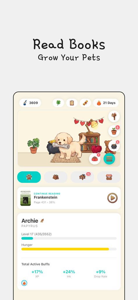 Interface of the epup gamified e-reader app showing a virtual dog pet and book reading progress