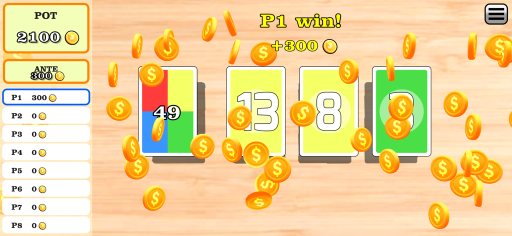 In Between: Numbers Card Game - Winning screen of the In Between card game showing falling gold coins and player one victory notification